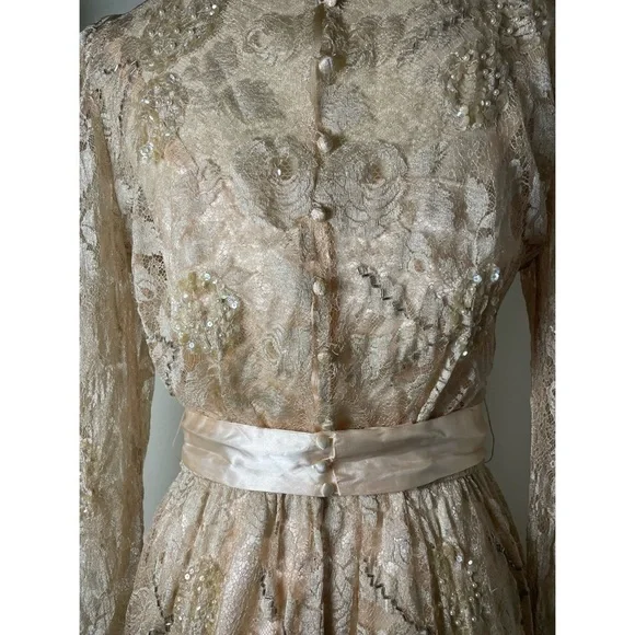 Vintage Rina Di Montella Nude Lace + Sequin Midi Dress Size 6 - Picture 4 of 10
